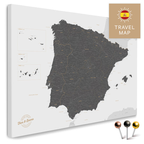 Spanien- & Portugal-Landkarte in der Farbe Light Gray in einem modernen, minimalistischem Design als Leinwand zum Pinnen von Reisen und Orten