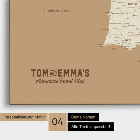 Spanien- & Portugal-Karte zum Pinnen in Treasure Gold mit Personalisierung im Vintage-Stil