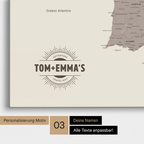 Mappa di Spagna e Portogallo con puntine TRAVEL® – Warmgray