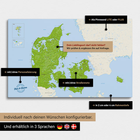 Diverse configuration options for a topographic map of Denmark as a Push Pin Map in Multicolor Topo