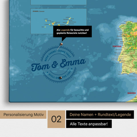 Topografische Europakarte Pinn-Leinwand mit Personalisierung als rundes Logo, das eine Legende für bereits besuchte Reiseziele im Rundtext beinhaltet