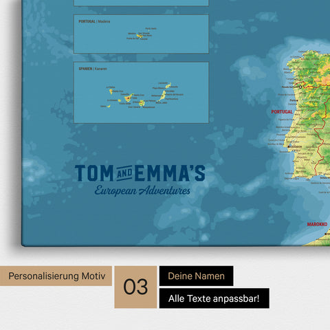 Topografische Europakarte zum Pinnen mit Personalisierung im Vintage-Stil