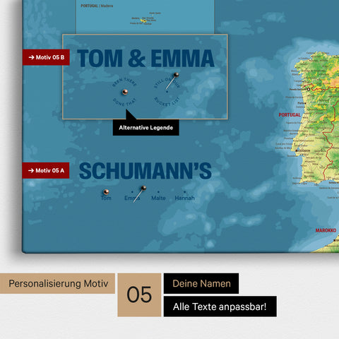Topografische Europa-Karte in einem modernen Design als Pinn-Leinwand mit Personalisierung als Logo mit einer Weltkugel