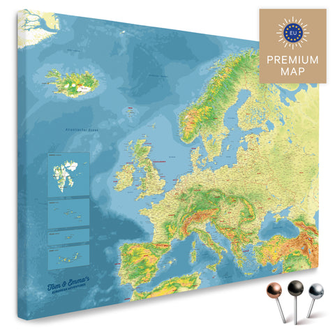 Topografische Europakarte in einem modernen, minimalistischem Design als Leinwand zum Pinnen von Reisen und Orten