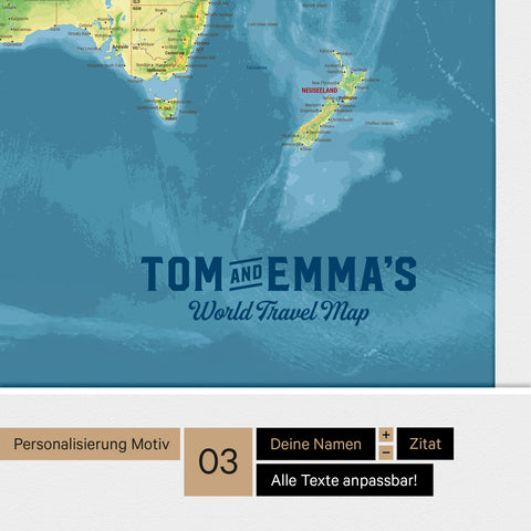 Personalisierung einer topografischen Weltkarte mit Antarktis Pinnwand in Multicolor Topo mit einem Logo im Vintage-Look, bei dem die Namen und die Unterzeile „World Travel Map“ geändert werden kann
