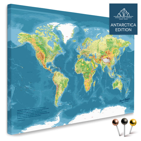 Hochwertige topografische Weltkarte mit Antarktis in Multicolor Topo als PinnLeinwand, perfekt zum Markieren und Planen von Reisen, kaufen