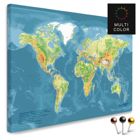Mappa topografica mondiale di alta qualità in Multicolor Topo come tela da appuntare, perfetta per segnare e pianificare viaggi, acquista