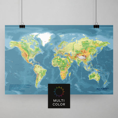 Topografische Weltkarte als Poster in Multicolor Topo zum Pinnen und Markieren von Reisezielen kaufen