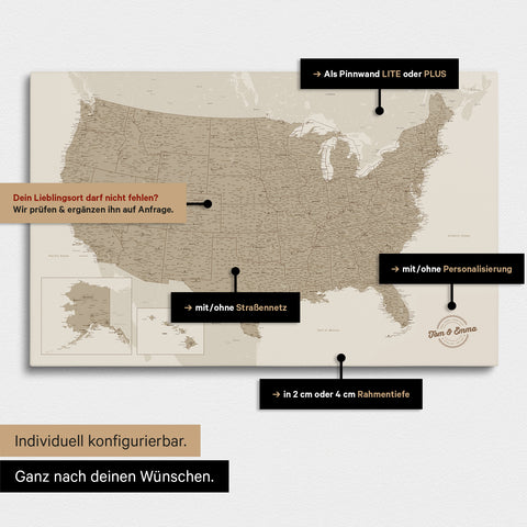 Diverse configuration options for a USA America map as a Push Pin Map in beige color
