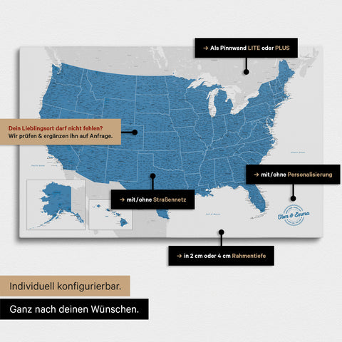 Diverse configuration options for a USA America map as a Push Pin Map in blue color