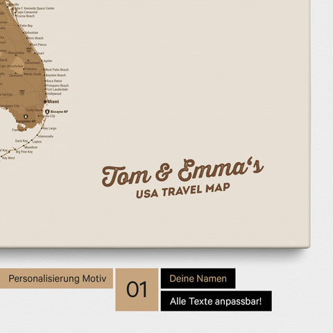 USA Amerika Karte mit hohem Detailgrad als Pinnwand Leinwand in Bronze mit Personalisierung und Eindruck mit deinem Namen