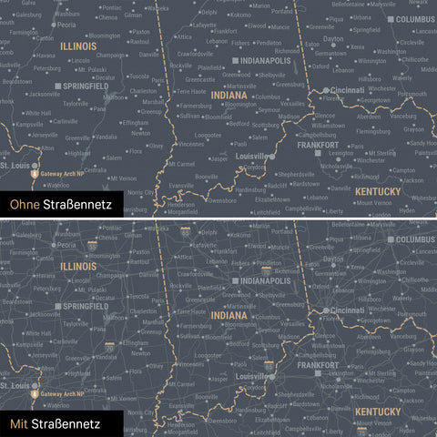 USA America Push Pin Map in Denim Blue optionally with the road network of the largest highways and interstates