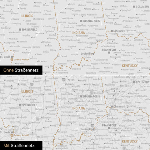 USA America Push Pin Map in dark gray, optionally with the road network of the largest highways and interstates