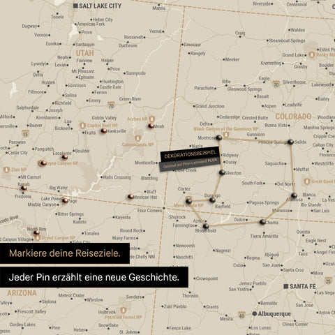 Detailed USA America map as a pin board in gold showing pins at travel destinations in Utah and Colorado