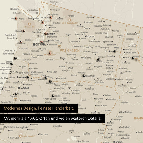 Section of a USA America map as a Push Pin Map in gold showing travel destinations and highlights in Washington, Oregon, and Idaho