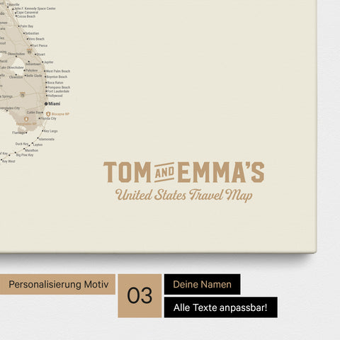 Push Pin Map canvas of a USA America map in gold with printed logo "United States"