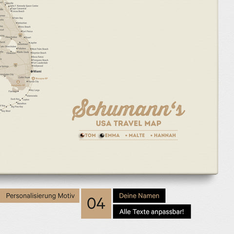 Detailed USA America map as a Push Pin Map in gold with personalization as a logo for the whole family