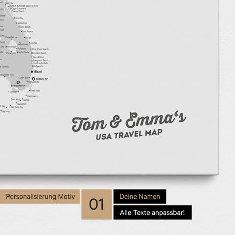 USA America map with high level of detail as a Push Pin Map canvas in multicolor gray with personalization and imprint with your name