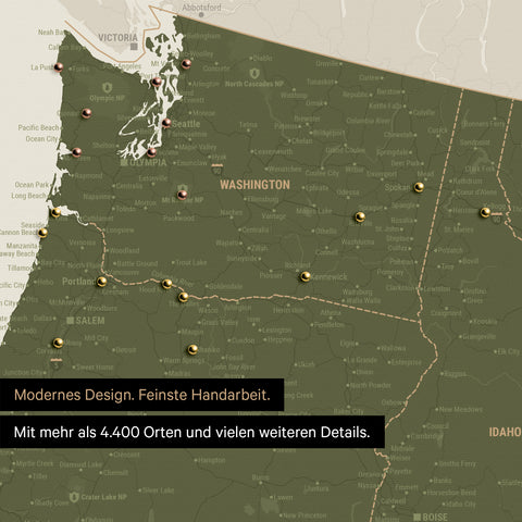 Section of a USA America map as a Push Pin Map in Olive Green showing travel destinations and highlights in Washington, Oregon, and Idaho