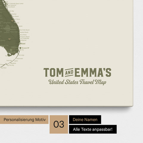 Push Pin Map canvas of a USA America map in olive green with printed "United States" logo