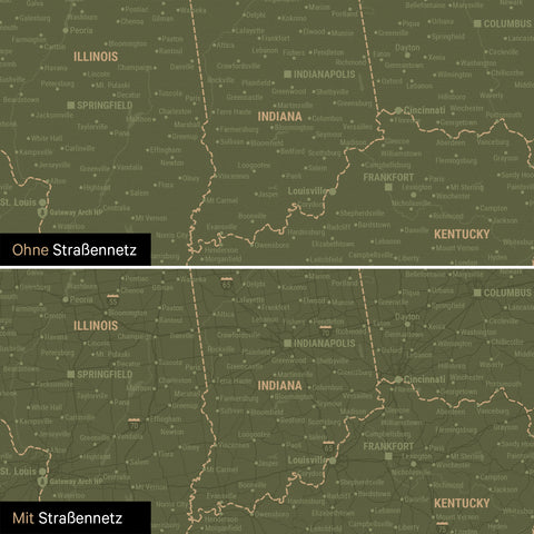 USA America Push Pin Map in Olive Green optionally with the road network of the largest highways and interstates