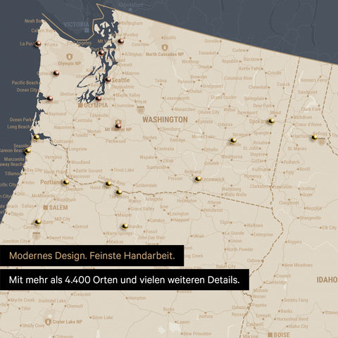 Section of a USA America map as a Push Pin Map in Hale Navy (Dark Blue Gold) showing travel destinations and highlights in Washington, Oregon, and Idaho