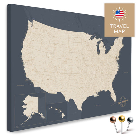 USA Amerika Karte in Hale Navy (Dunkelblau Gold) mit sehr hohem Detailgrad als Pinnwand Leinwand zum Pinnen und Markieren von Reisezielen kaufen