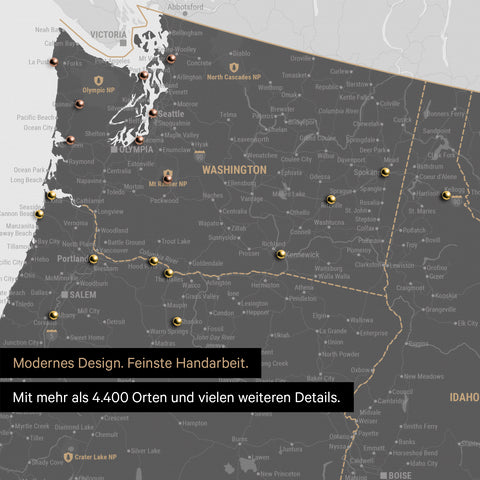 Section of a USA America map as a Push Pin Map in Light Gray showing travel destinations and highlights in Washington, Oregon, and Idaho