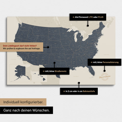 Diverse configuration options for a USA America map as a Push Pin Map in Navy Light color