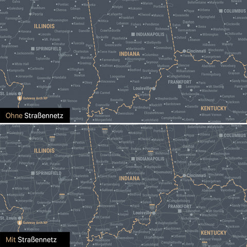USA America Push Pin Map in Navy Light optionally with the road network of the largest highways and interstates