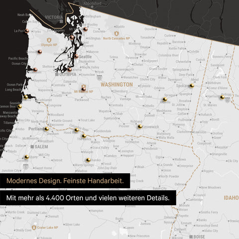 Ausschnitt einer USA Amerika Karte als Pinn-Leinwand in Schwarz-Weiß zeigt Reiseziele und Highlights in Washington, Oregon und Idaho
