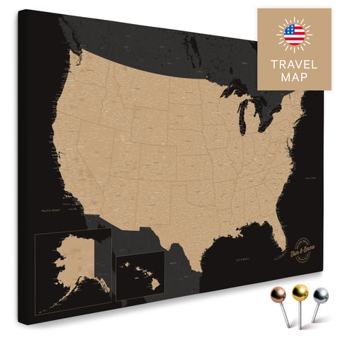USA Amerika Karte in Sonar Black mit sehr hohem Detailgrad als Pinnwand Leinwand zum Pinnen und Markieren von Reisezielen kaufen