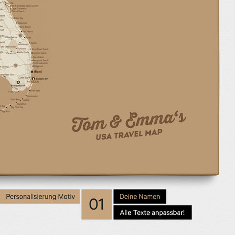 USA America map with high detail as a Push Pin Map canvas in Treasure Gold with personalization and imprint of your name