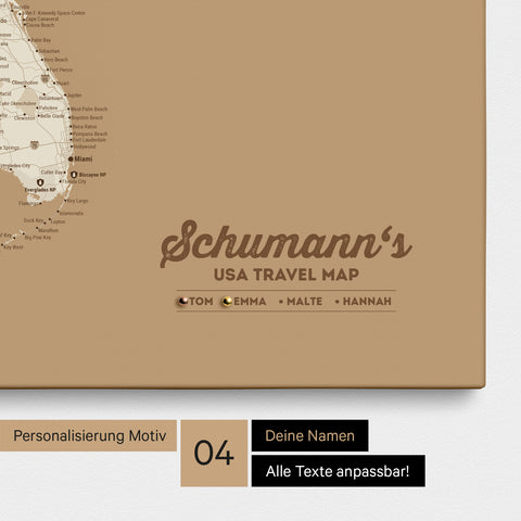 Detailed USA America map as a Push Pin Map in Treasure Gold with personalization as a logo for the whole family