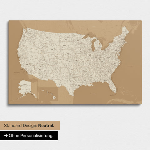 Neutral and simple version of a USA America map as a Push Pin Map in Treasure Gold