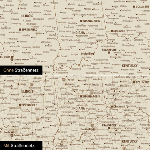 USA America Push Pin Map in Treasure Gold optionally with the road network of the largest highways and interstates