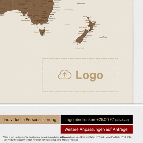 Weltkarte mit Antarktis als Pinn-Leinwand in Multicolor Braun mit Logo-Eindruck für Unternehmen