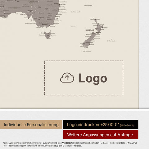 Mappa politica del mondo con puntine ANTARCTICA® – Warmgray (Marrone-Grigio)