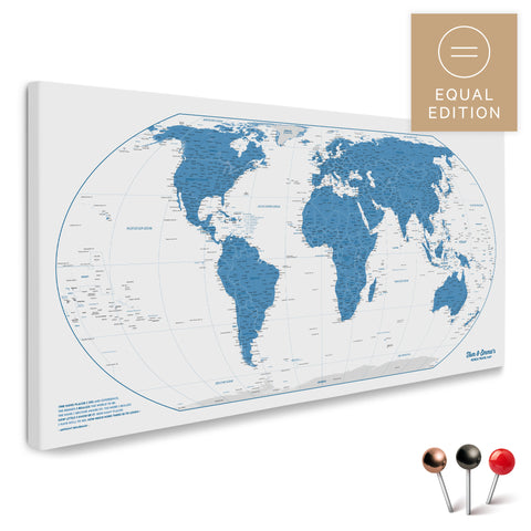 Weltkarte in der Equal-Earth-Projektion und in der Farbe Blau als hochwertige Pinn-Leinwand, ideal geeignet zum Markieren von Orten und Planen von Reisen