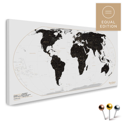 Weltkarte in der Equal-Earth-Projektion und in der Farbe Light Black (Schwarz-Weiss) als hochwertige Pinn-Leinwand, ideal geeignet zum Markieren von Orten und Planen von Reisen