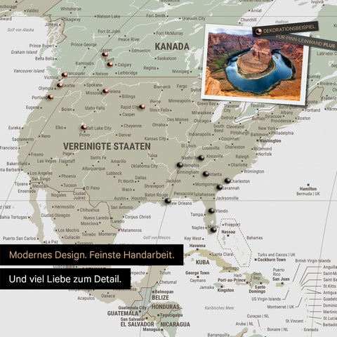 Weltkarte in der Equal-Earth-Projektion als Pinnwand in der Farbe Multicolor Sage, auf der Reiseziele in den USA und Kanada mit Pins markiert sind