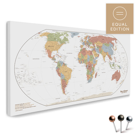 Weltkarte in der Equal-Earth-Projektion und in der Farbe Multicolor Sienna als hochwertige Pinn-Leinwand, ideal geeignet zum Markieren von Orten und Planen von Reisen