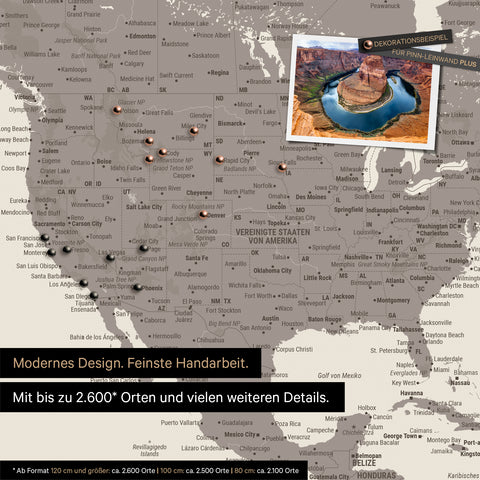 Mappa per puntine dettagliata del mondo in Warmgray (marrone-grigio) per segnare fino a 2.600 destinazioni di viaggio negli USA, Canada e Messico, ideale per la rappresentazione visiva di viaggi passati e piani di viaggio futuri