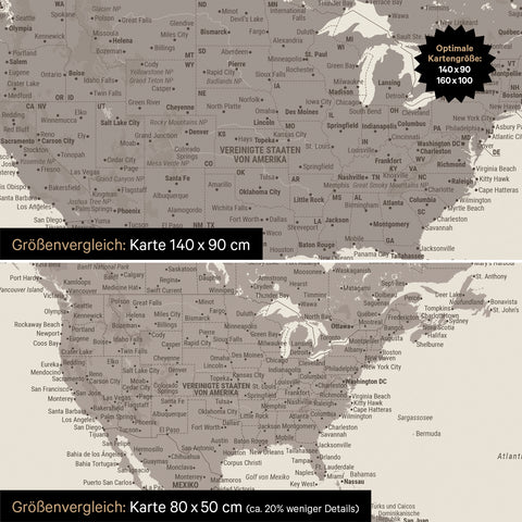 Confronto dimensioni di una mappa del mondo su tela nei formati 140 x 90 cm e 80 x 50 cm