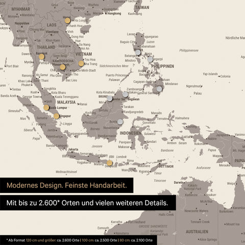Section of a magnetic world map in Warmgray (brown-gray) showing a map of Asia, with magnets marking travel destinations