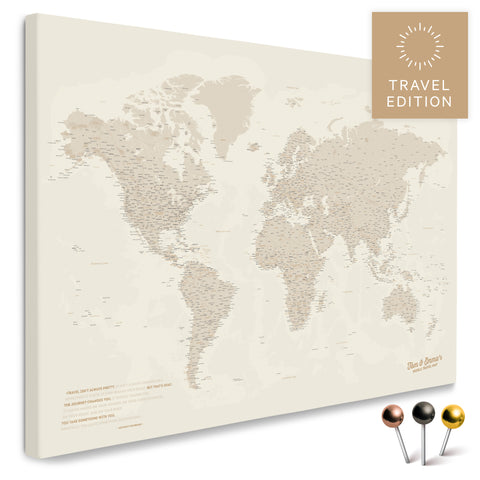 High-quality push pin world map in Gold as a pin board, perfect for tracking and displaying your trips and travel destinations