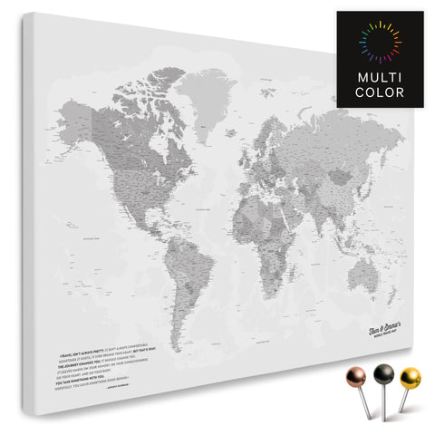 Mappa del mondo di alta qualità in grigio multicolore come tela da appuntare, perfetta per segnare e pianificare viaggi, acquista