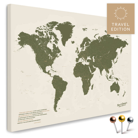 High-quality push pin world map in Olive Green as a pin board, perfect for tracking and displaying your trips and travel destinations