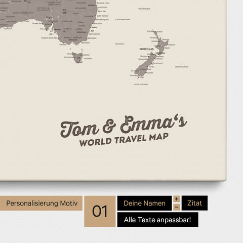 Mappa del mondo come Mappa per puntine su tela in Warmgray (marrone-grigio) con personalizzazione e stampa del tuo nome