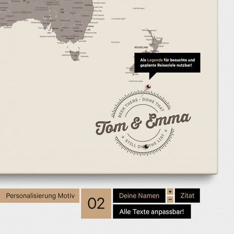 Mappa del mondo personalizzata come Mappa per puntine su tela in Warmgray (marrone-grigio) con nomi stampati e una legenda per segnare i luoghi visitati